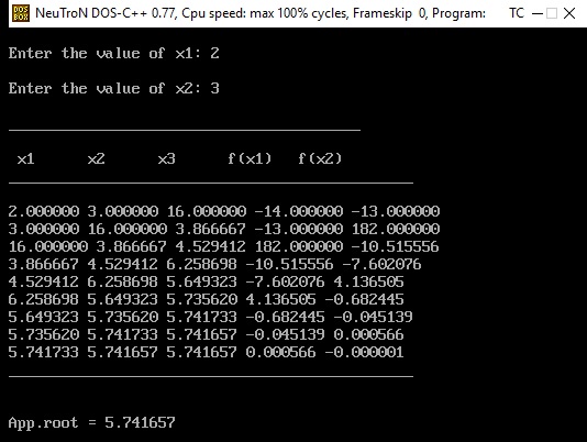 C program for secant method with output number